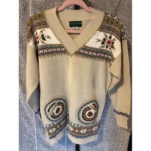 VTG Dana Scott Fall Collection Sweater Women's M Beige Floral embroidered Knit